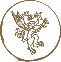A circular emblem featuring a stylized griffin rampant in brown line art on a white background.