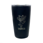 miir 12 ounce black travel tumbler with engraved umbria logo on white background