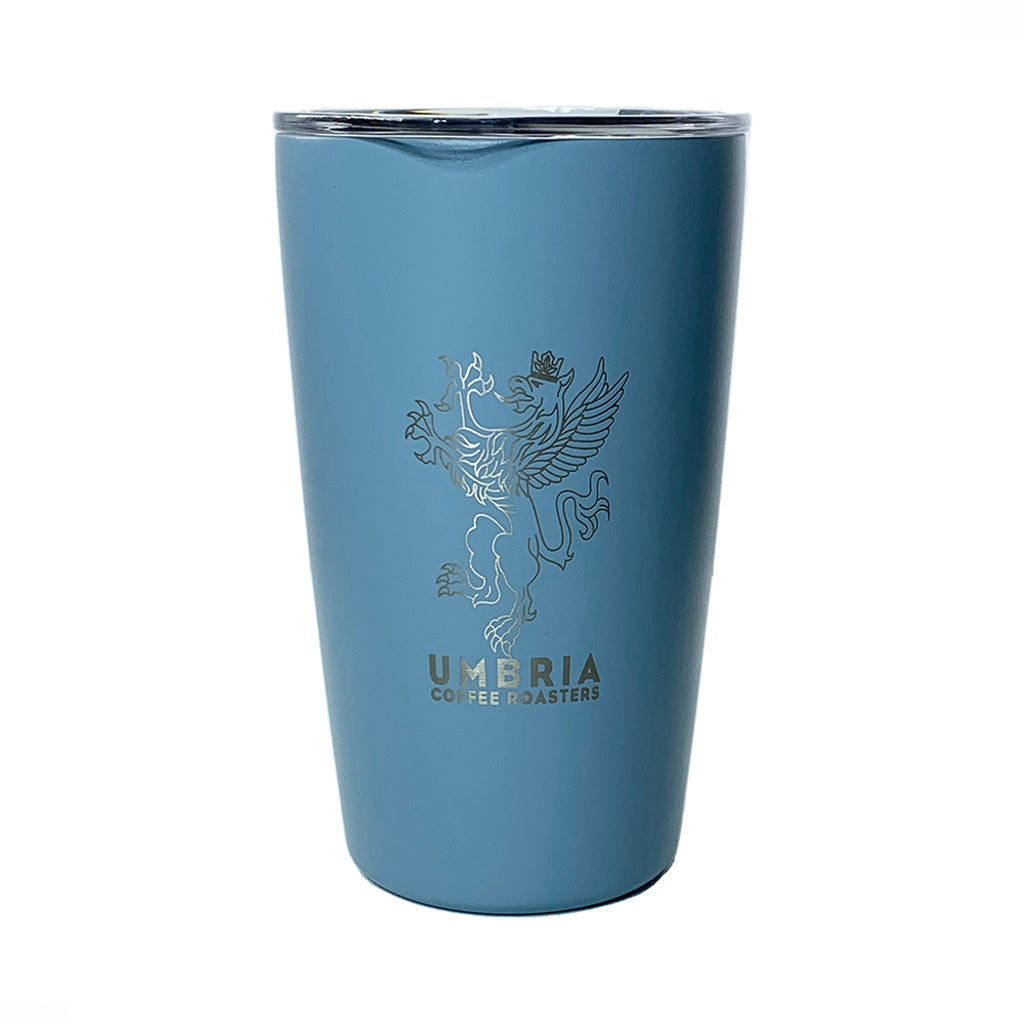 miir light blue 12oz travel tumbler with umbria engraved logo on white background
