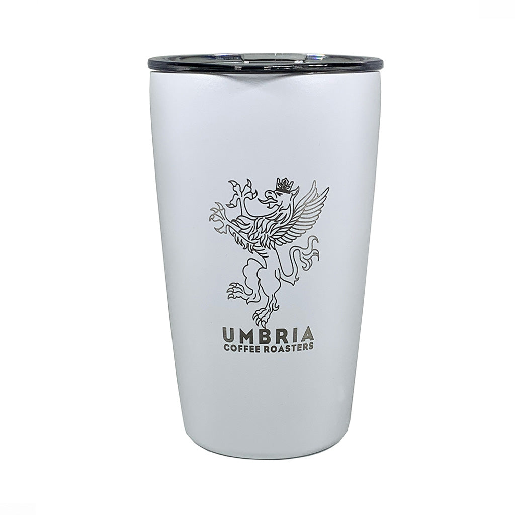 miir white 12oz travel tumbler with umbria engraved logo on white background