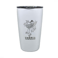 miir white 12oz travel tumbler with umbria engraved logo on white background