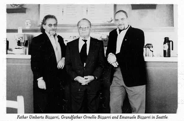 Umberto, Ornello and Emanuele Bizzarri in front of bar in cafe