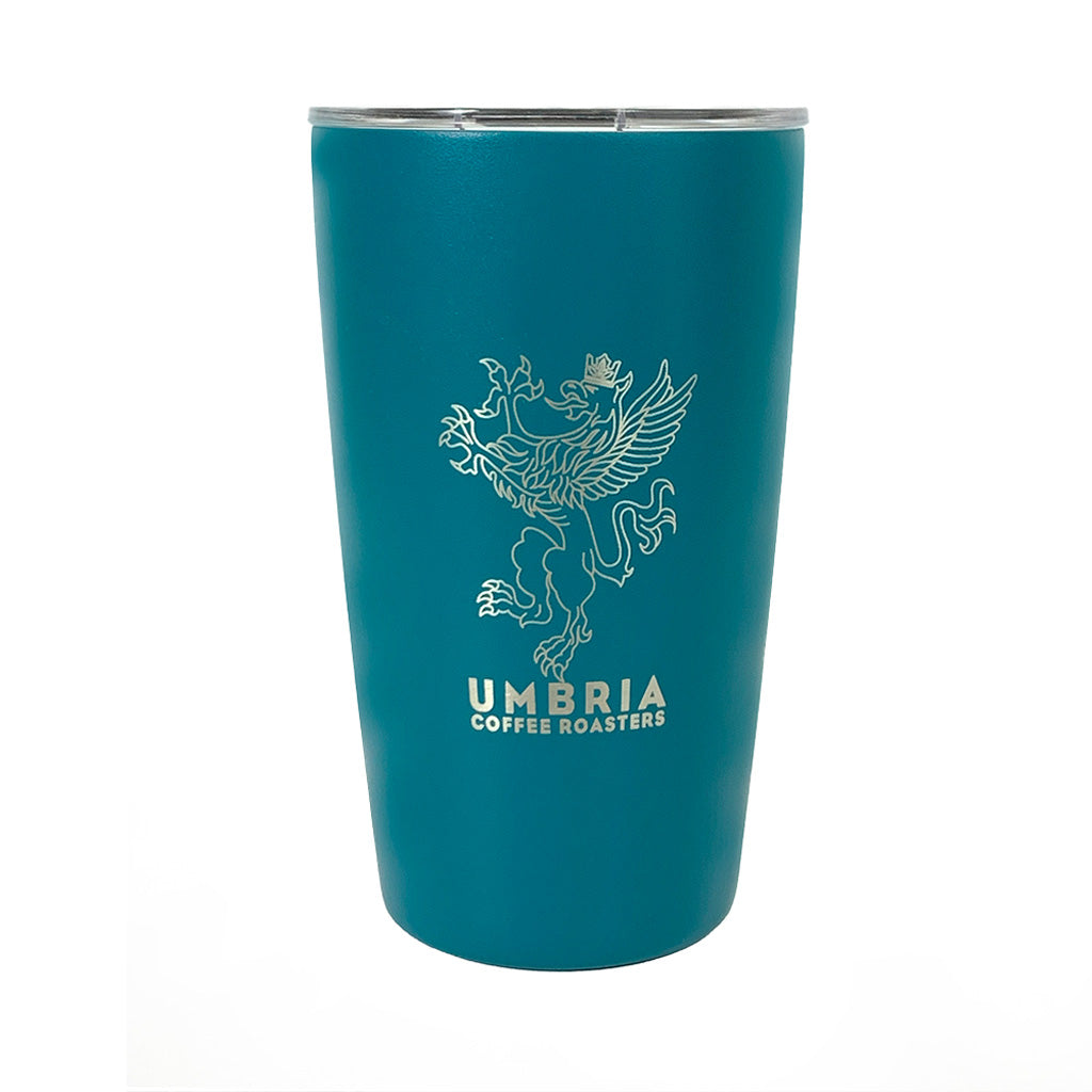 miir teal color 12oz travel tumbler with engraved umbria logo in white background