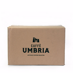 cardboard shipping box with black caffe umbria logo