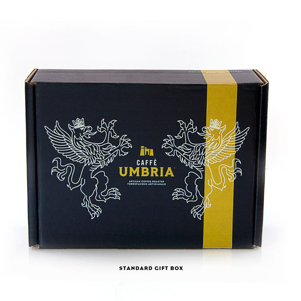 blue and yellow cardboard gift box with yellow logo & white griffens