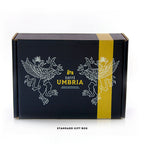 blue and yellow cardboard gift box with yellow logo & white griffens