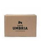 cardboard shipping box with black caffe umbria logo
