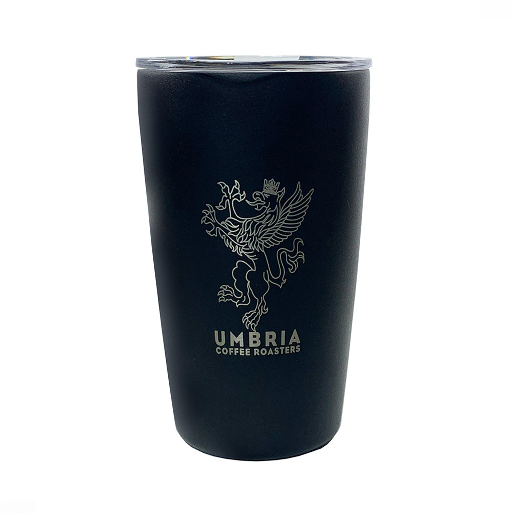 A black travel tumbler with a logo printed on the side.